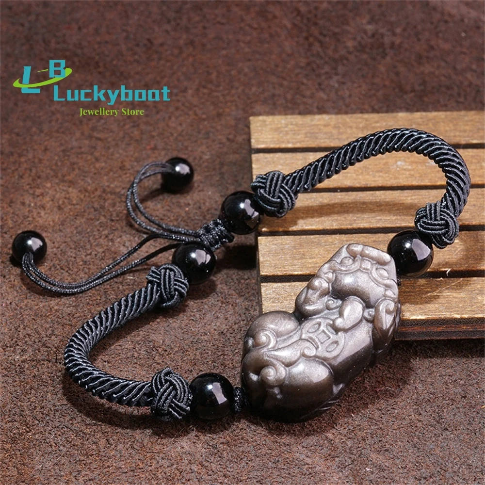 

Natural Silver Obsidian Pixiu Bracelet Men's and Women's Ethnic Style Jewelry Pixiu Braided Bracelet