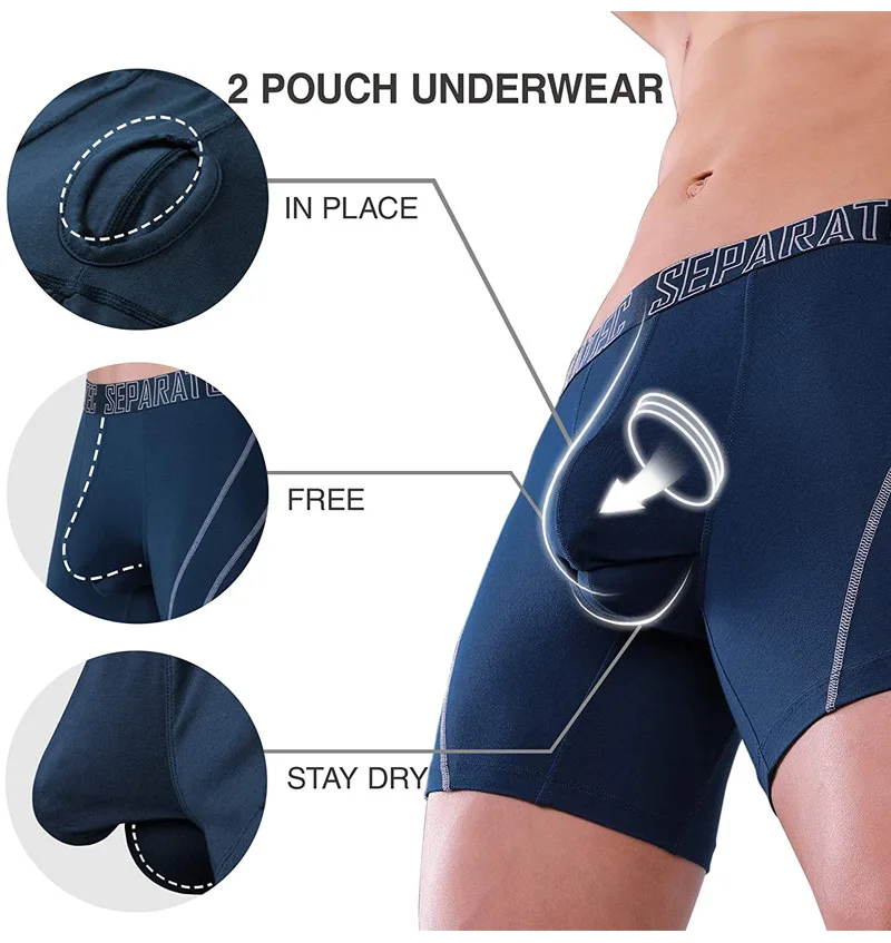 3 Pack Separatec Men's Underwear Separate Pouch Boxer Briefs Men Bamboo Rayon Soft Breathable Dual Pouch Trunks Long Leg Boxer
