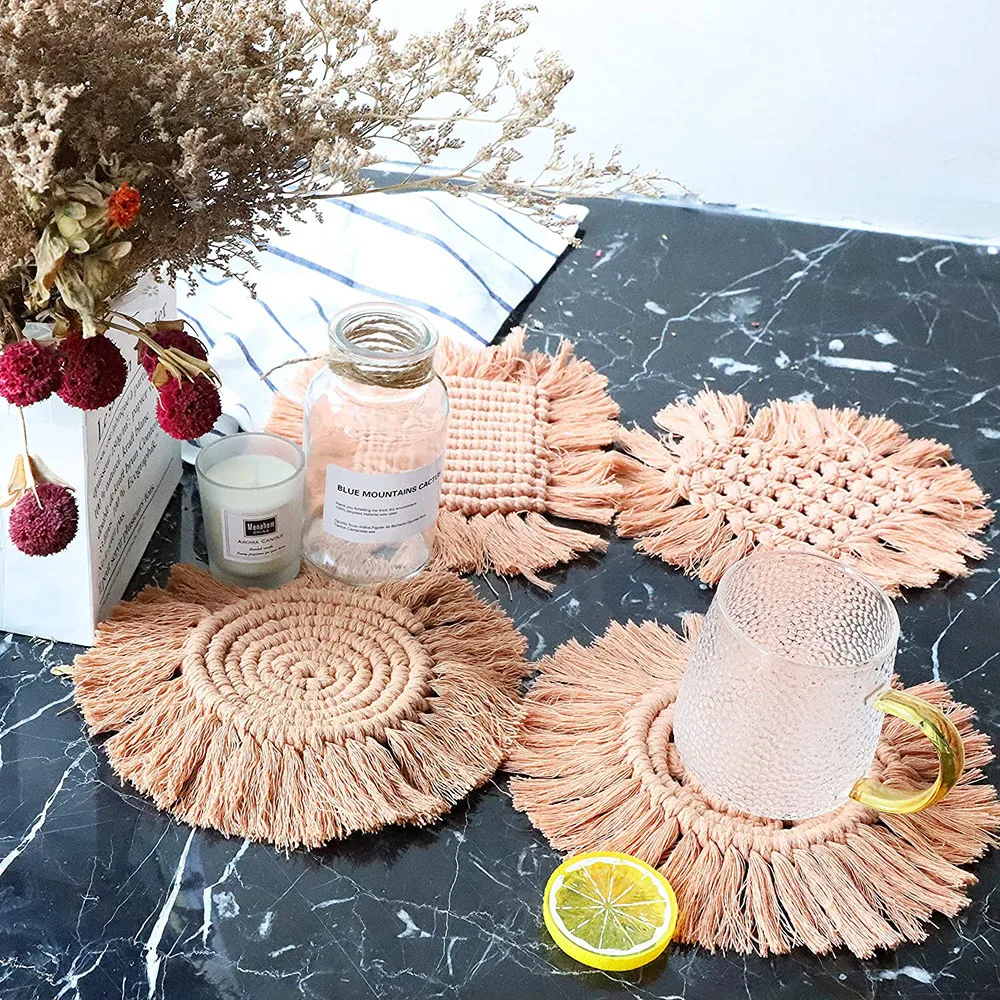 

5/10 /20 пакет ручной работы хлопковая оплетка 4 шт./упак. макраме подставки для напитков Нескользящая чашка подушки круглый Bohemia Кубок Коврики ...