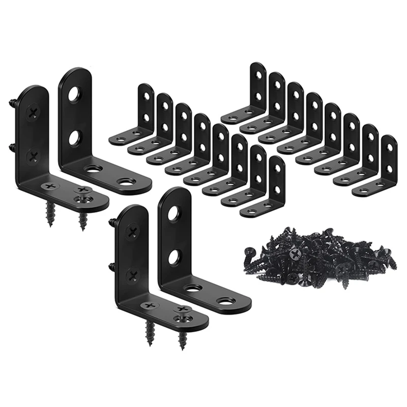 

20PCS L Bracket Corner Bracket, Steel L Brackets For Shelves, Metal Corner Brace For Wood Furniture Cabinet Black