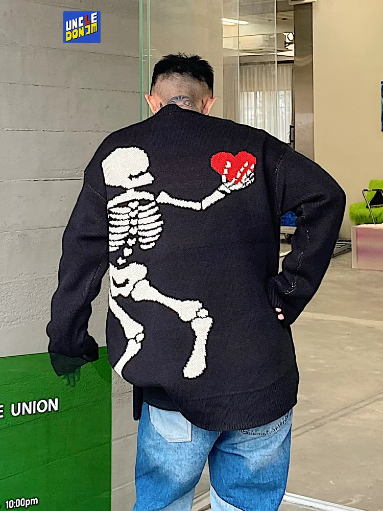 

Skull Skeleton Knitted Sweater Men High Street Fashion Oversized Sweaters Harajuku Vintage Sweater Pullovers Dropship