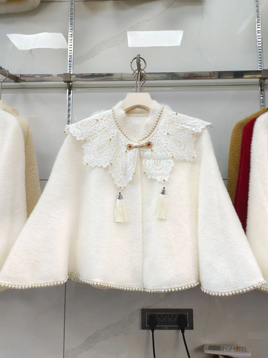 Модная нежная накидка из искусственной норки кружевная с бусинами украшение для