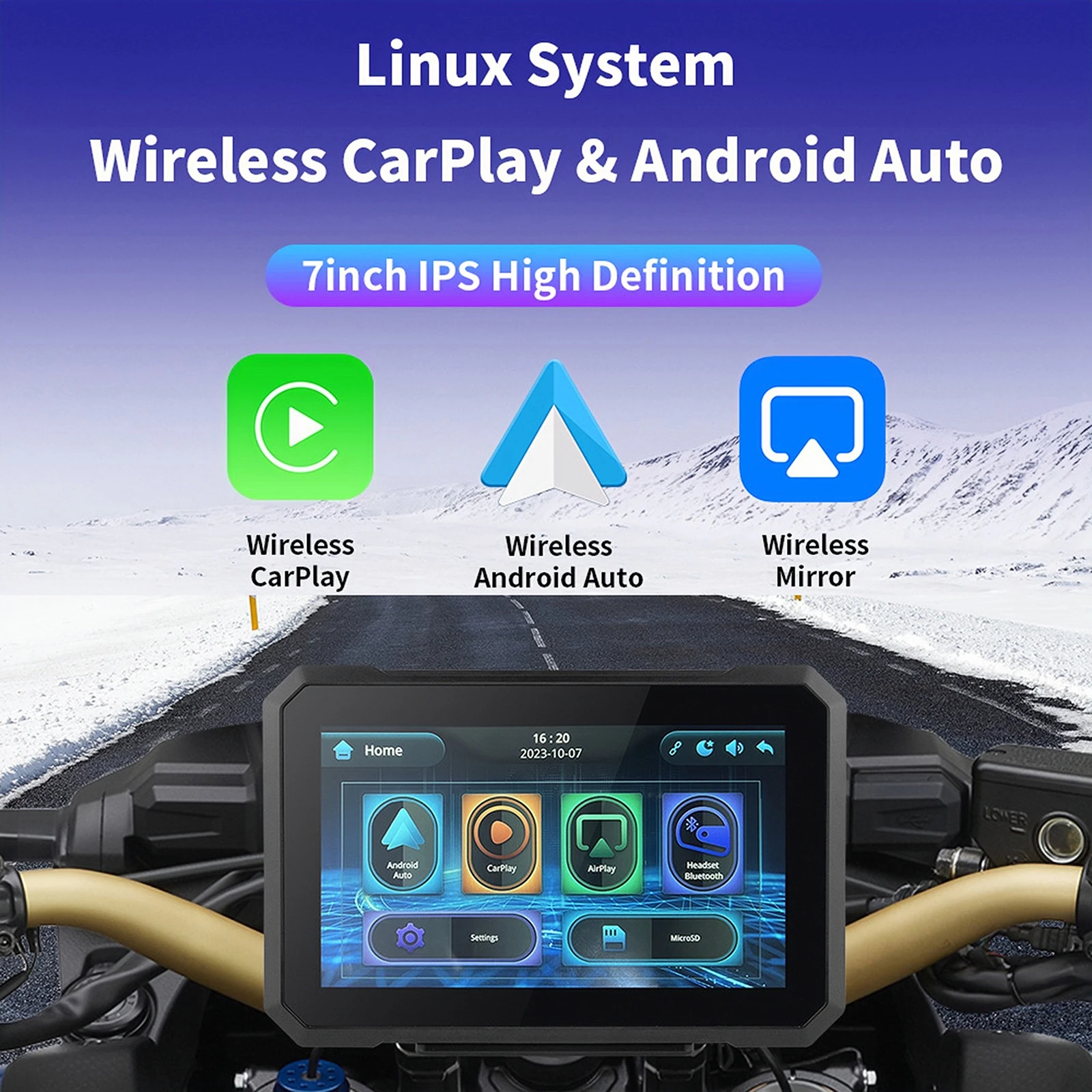 

7-дюймовый беспроводной GPS-навигатор CarPlay для мотоцикла Android, водонепроницаемый портативный экран для мотоцикла с двойным Bluetooth