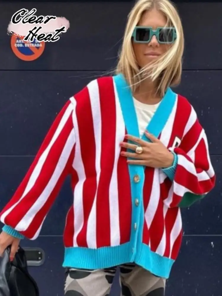 

Striped Contrast Color Knitted Cardigan For Women Fashion V Neck Long Sleeve Loose Sigle Breasted Sweaters Antumn Causal Coat