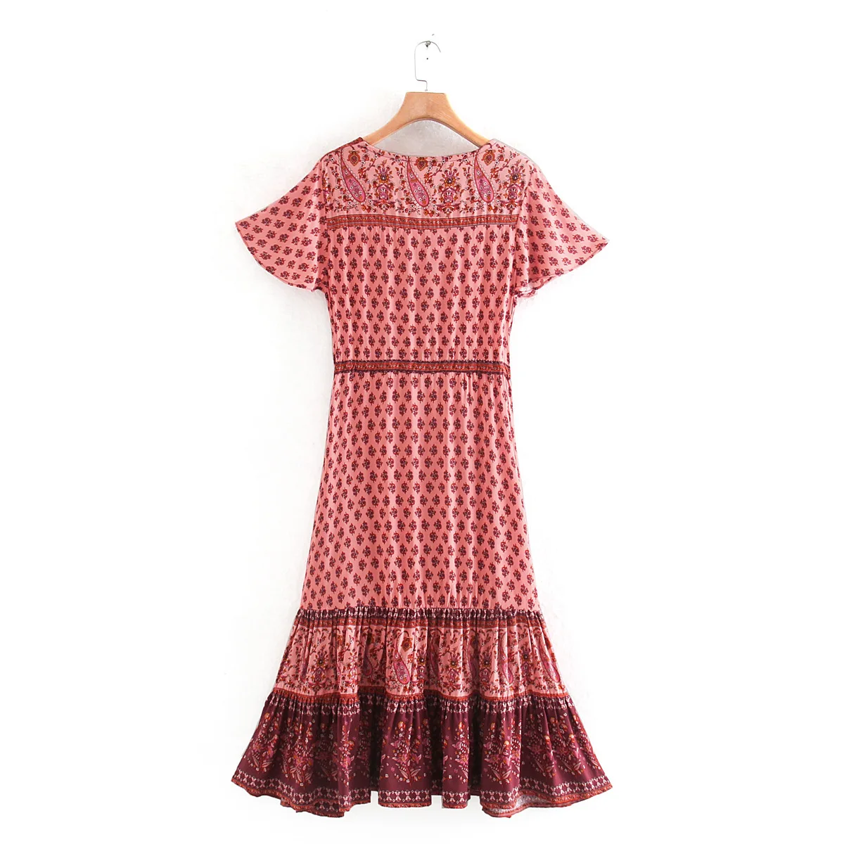 Винтажное платье-макси в стиле бохо с V-образным вырезом и коротким рукавом |