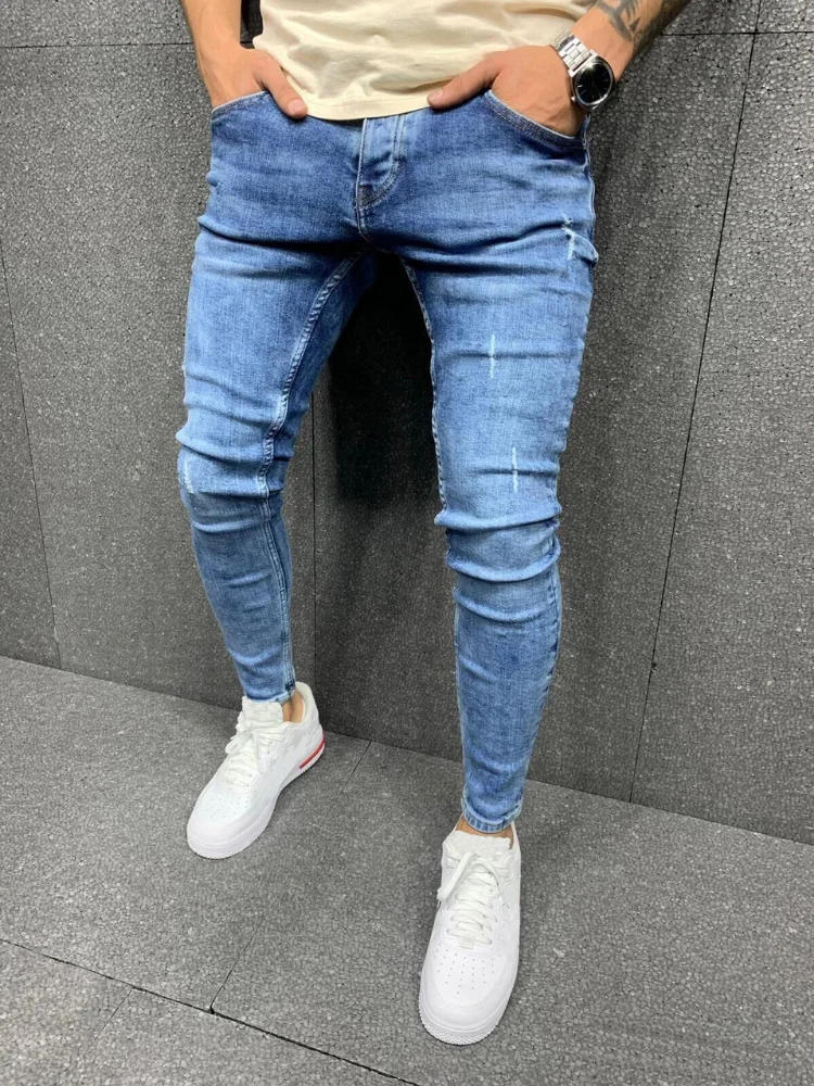New Men's Jeans Four Seasons Blue Men's Frayed Stretch Jeans Beach Casual Pants Denim Cotton Pants Slim Pencil Pants for Men