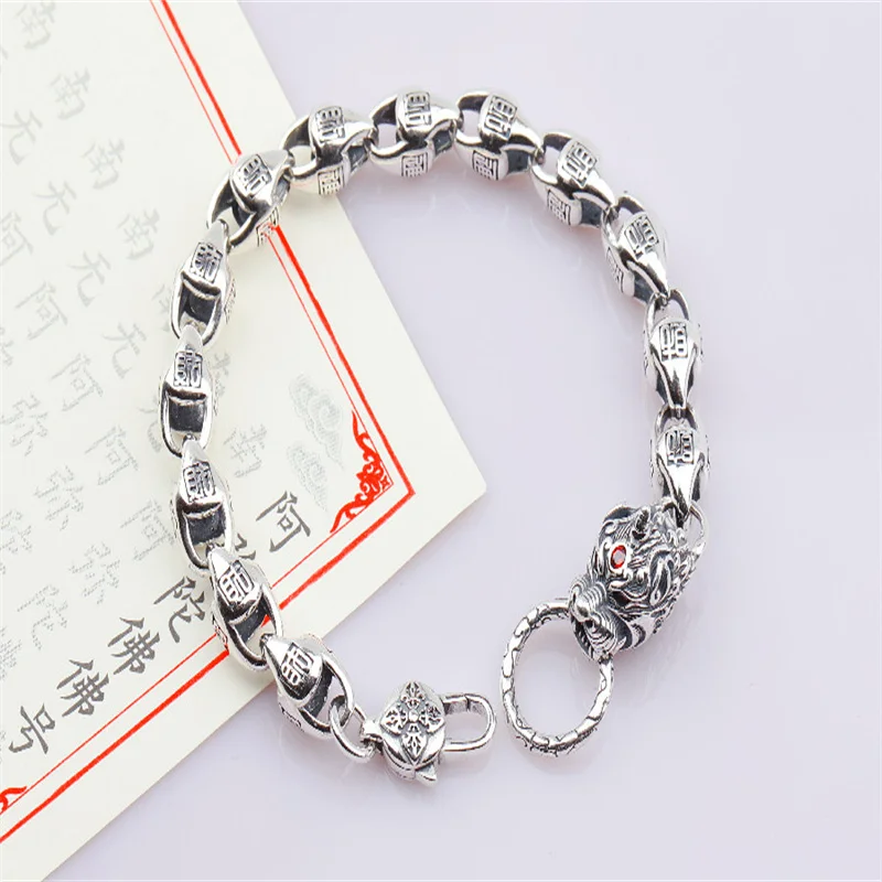 

S925 Sterling Silver Bracelet Men's Six Character Words Of Truth Vajra Bracelet Retro National Style Money Fairy Bracelet