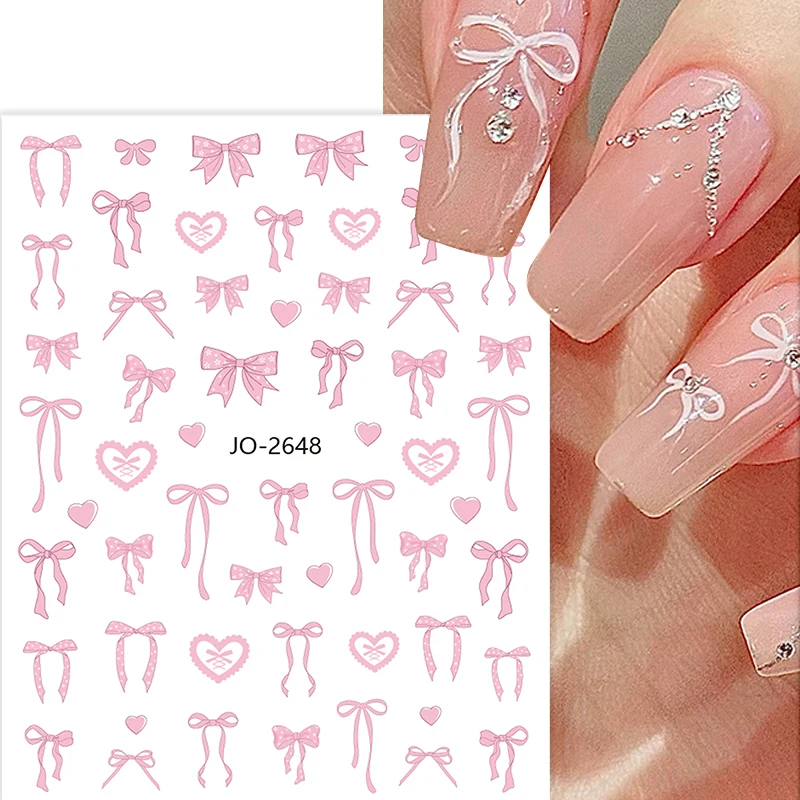 Pink White Bowknot 3D Nail Sticker Colorful Long Ribbon Self Adhesive Sliders Manicure Butterfly BowtieDecoration DIY Decal