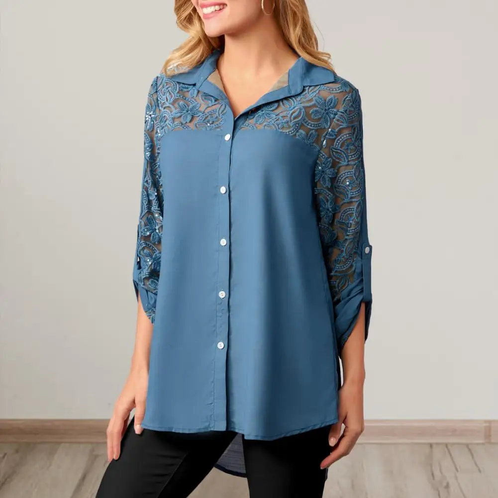 

Женская элегантная рубашка, стильная Осенняя блузка, однобортная свободная однобортная блузка средней длины с кружевной цветочной вышивкой и отложным воротником