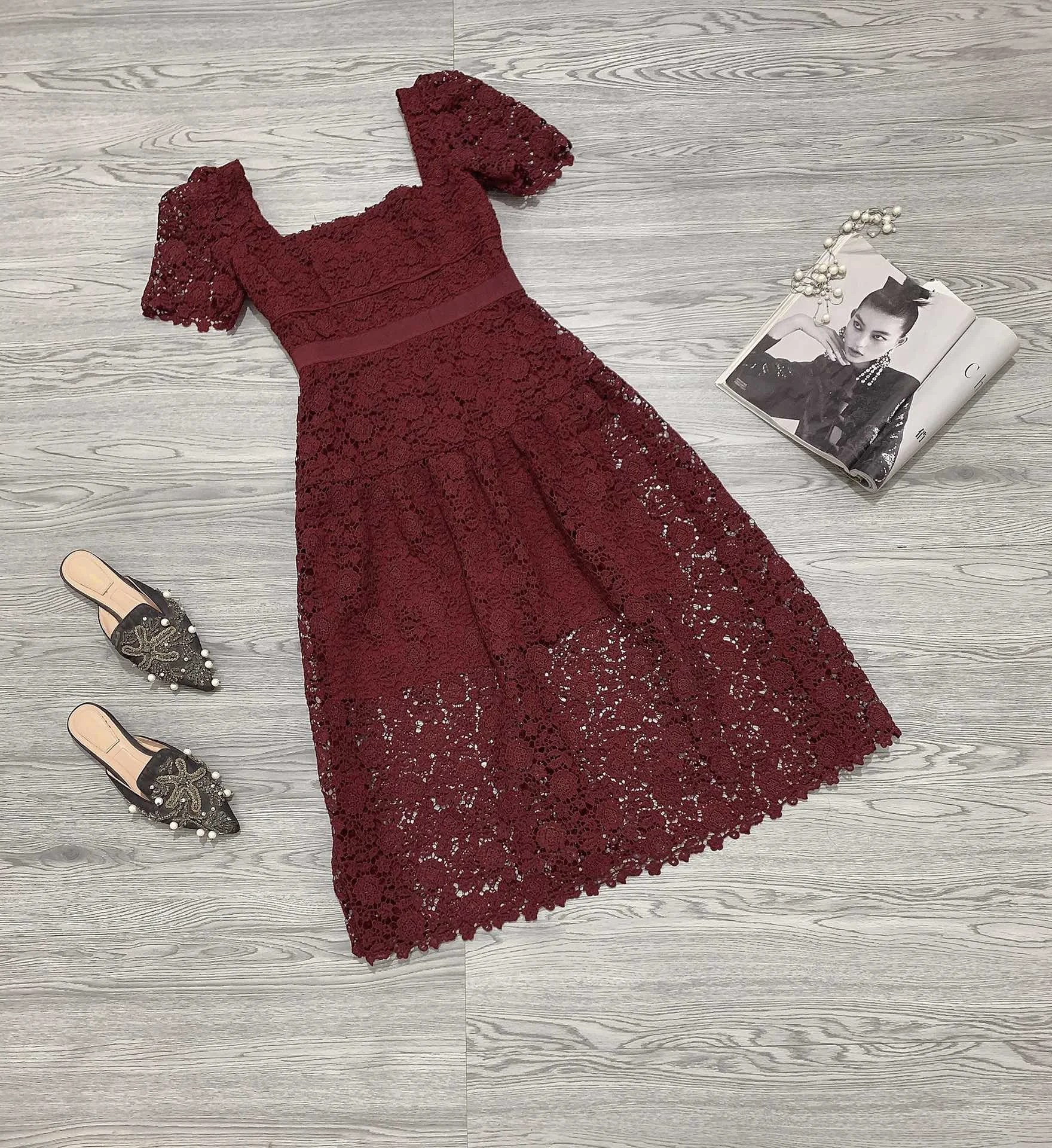 

Женское платье средней длины, кружевное платье средней длины с водорастворимым Цветочным Тиснением и квадратным вырезом, весна-лето 2022