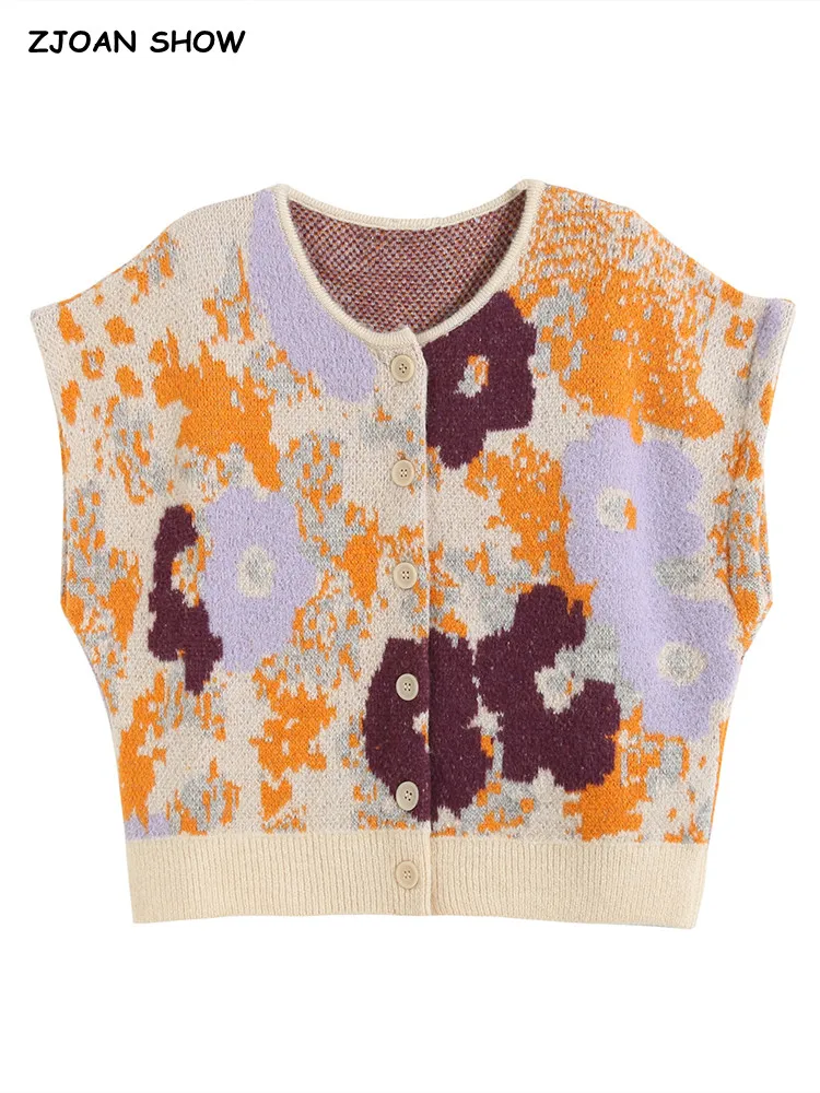 

Vintage Flower Jacquard Sleeveless Cardigan Women Korean Clothing Loose V Neck Sweater Vest Boyfriend Style Knitwear