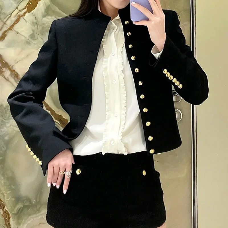 

23 AW Women Black Long Sleeve Coat Solid Color Elegent Stand Collar Metal Button Up Crop Jacket Casual Fashion New Slim Outwear