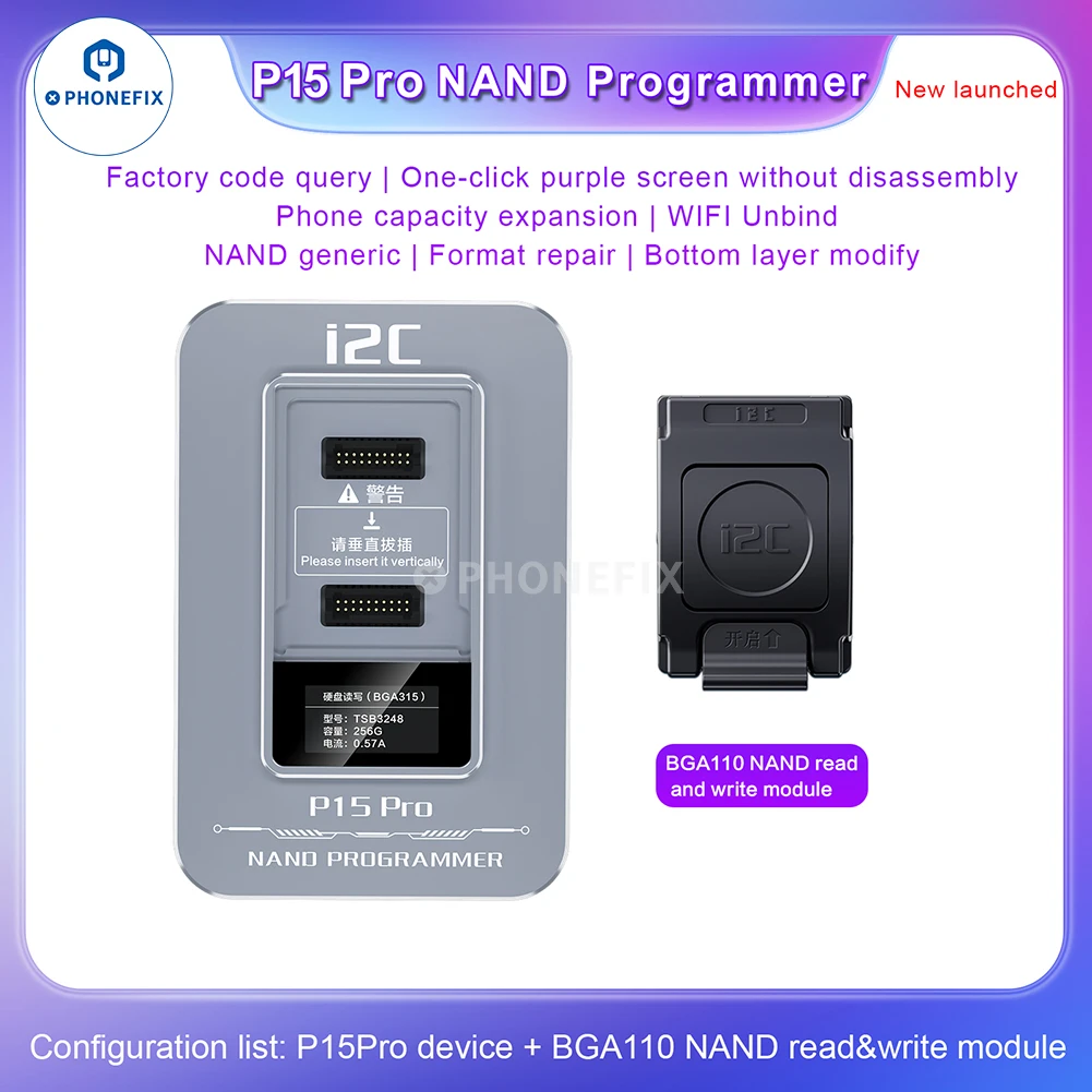 

Программатор i2C P15 Pro BGA60/BGA70/BGA110/BGA315 NAND для чтения и письма, однощелковый режим фиолетового экрана, развязка кодов точечной матрицы