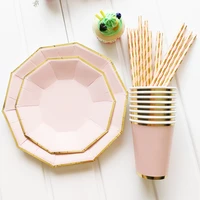 bronzing rose gold foil tablewares paper towel cups plates disposable set adult birthday party decor wedding tableware supplies