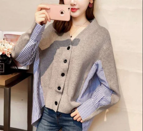 

2022 fake two spring and autumn new Joker v-neck cardigan sweater