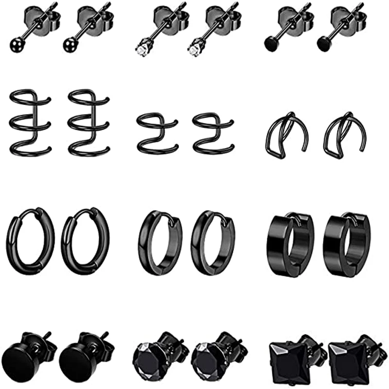 

12 Pairs of Men's Stainless Steel Stud Earrings Set Women's Earrings CZ Cartilage Clip Earrings And Earmuffs
