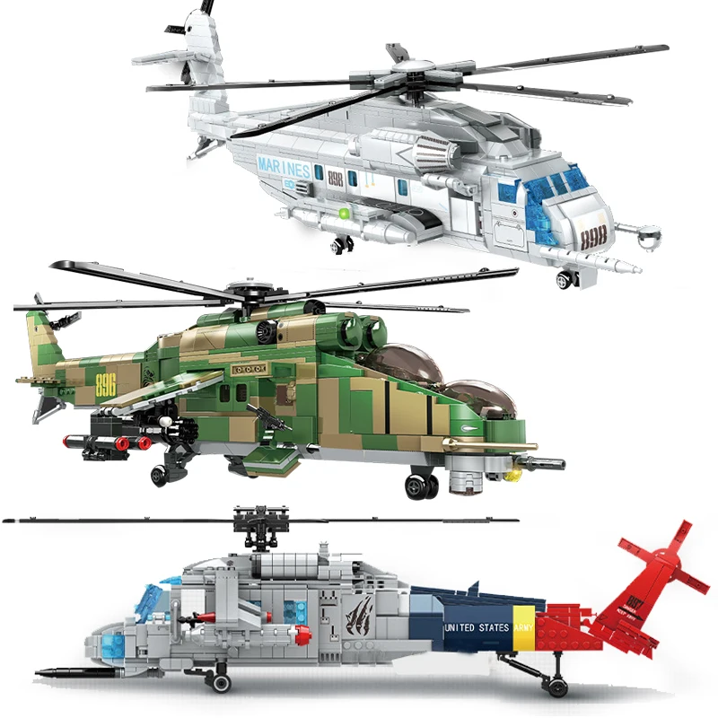 

Airplane Rescue Military Transport Helicopter Model Aircraft US UH-60 Black Hawk Army Building Blocks WW2 MI24 SWAT Model Toys