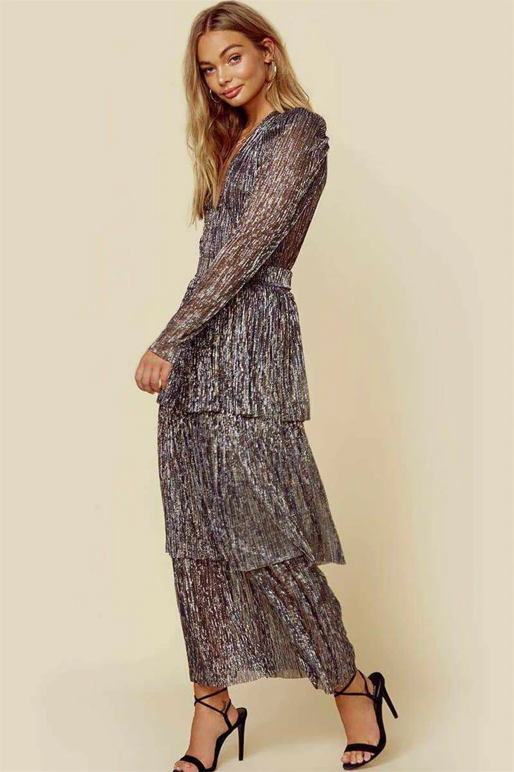 Elegant V Neck Layered Long Party Evening Dresses Women Long Sleeve Elbise Vestidos Traf Clothes Lady Prom Maxi Dress