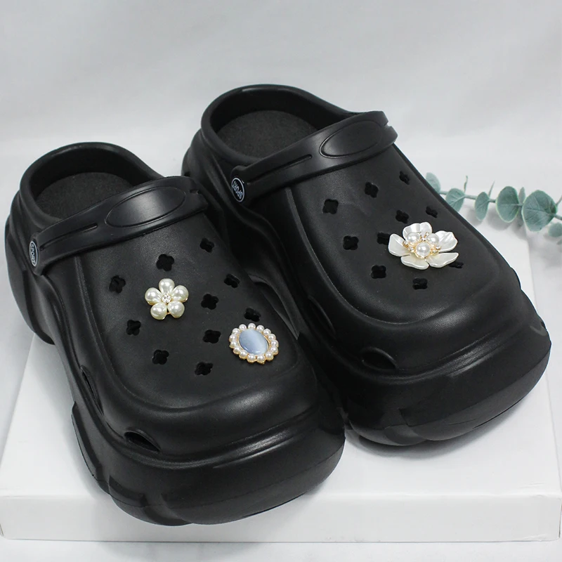 

7CM Platform Pearls Flowers and Cat's Eye Stone Women Vented Clogs Sandals Summer Outdoor Slippers Soft Beach Slides Brand Shoes