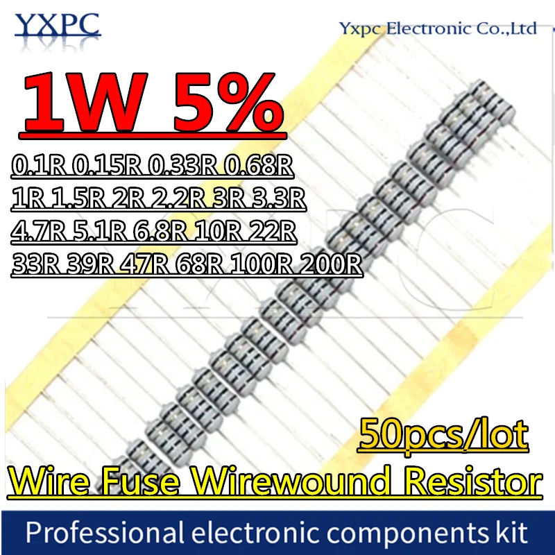 

50pcs 1W 5% Wire Fuse Wirewound Resistor 0.1R~200R 0.15R 0.33R 0.68R 1R 1.5R 2R 2.2R 3R 3.3R 4.7R 6.8R 10R 22R 33R Resistance