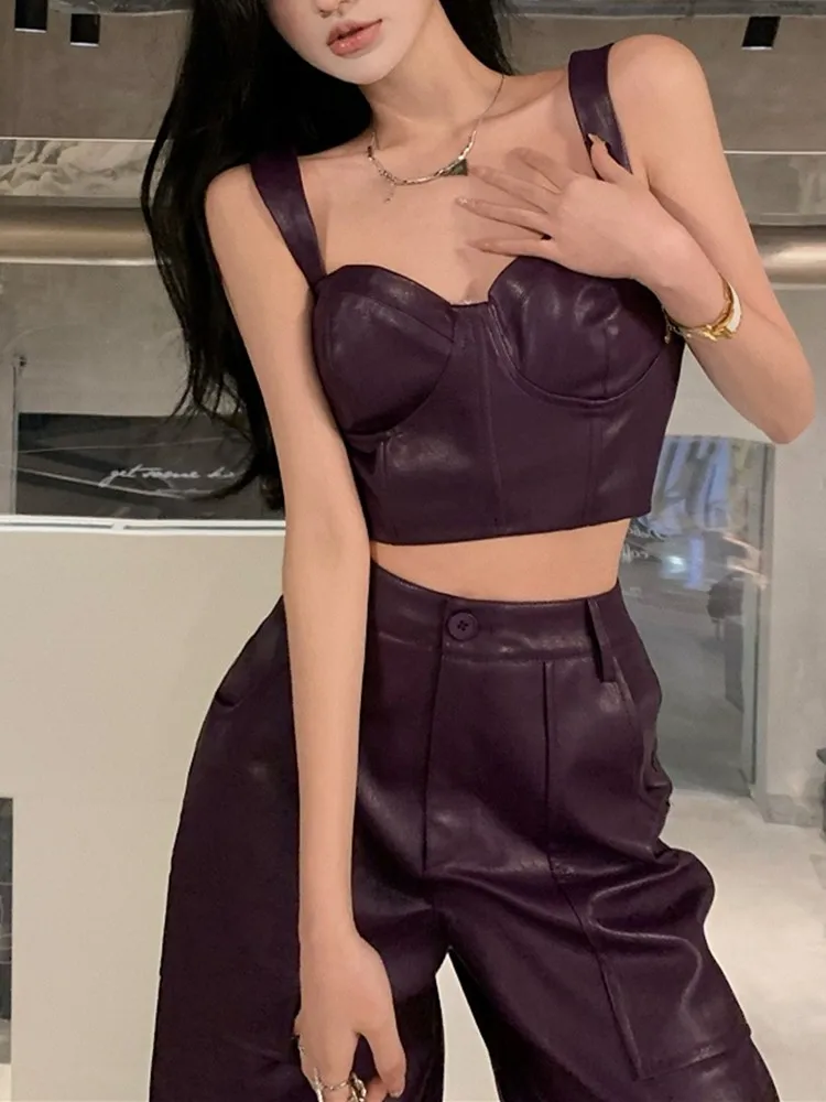 

GUUZYUVIZ Purple Pants Sets Sling Short Tops And High Waist Wide Leg PU Leather Two Piece Set Women Streetwear Casual Women Set