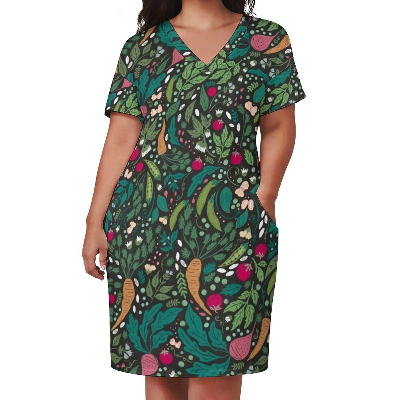Farm to Table Dress Plus Size Vegetable Print Streetwear Casual Dress Women Spring V Neck Vintage Dresses Gift Idea