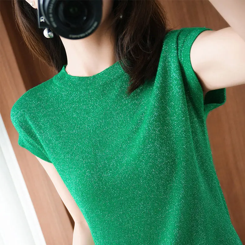 

Summer T Shirts Ice Silk Short-sleeved Womens Flashing Bright Silk T-shirt Round Neck Bottoming Shirt Thin Knit Loose Top