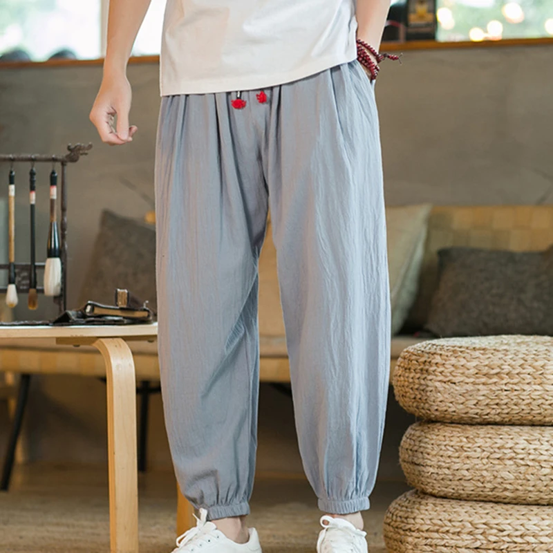 

Spring Cotton Linen Pants Men Elastic Waist Casual Harem Pant Loose Sweatpants Traditional Chinese Trousers pantalons homme