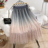 women elastic waist mesh star tulle 2021 summer midi long skirts ladies gradient color star sequin elegant high waist skirt pink
