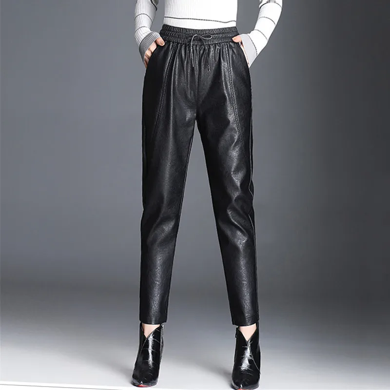 Women PU Leather Pants Fashion Drawstring Tie Ankle Trousers Elastic Waist Pants Pockets Black Streetwear Pantalones Mujer