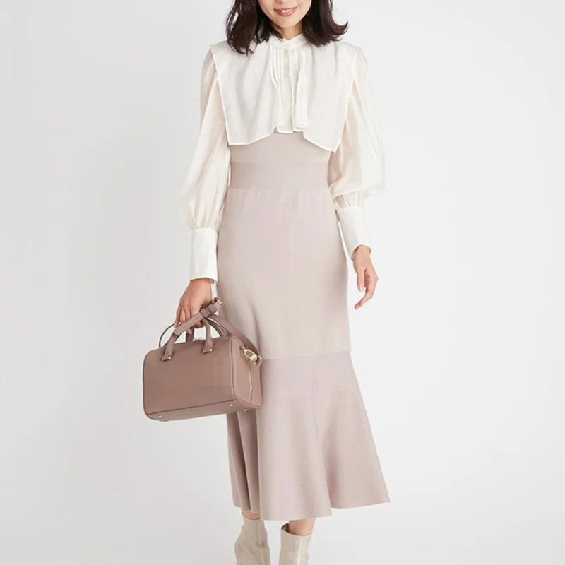 

A GIRLS Spring New Women Robes Japanese Temperament Vestidos Detachable Collar Patchwork Long Sleeve Knit Slim Mermaid Dresses