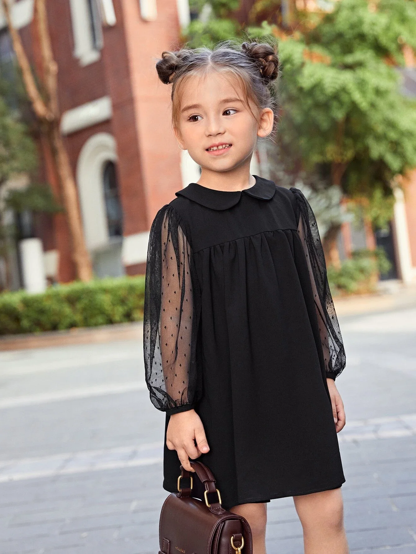 

Toddler Girls Peter-pan Collar Sheer Dobby Mesh Lantern Sleeve Smock Dress