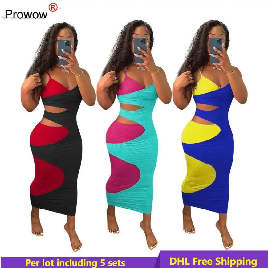 

PROWOW Summer Women Bodycon Dress Causal Panalled Spaghetti Strap Long Dress Sexy Hip Package Dress Wholesale Bulk DHL 6941