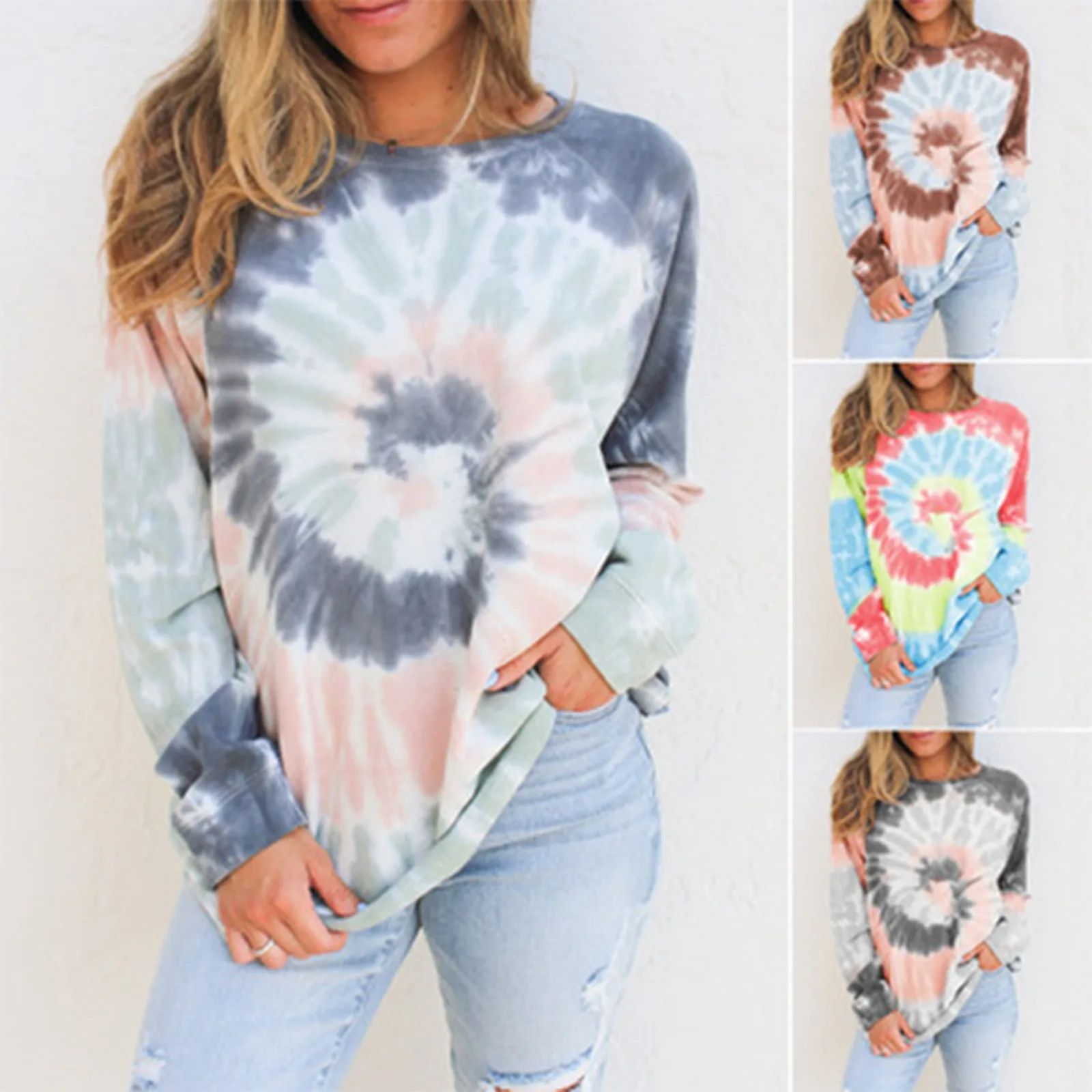 

Sweatshirt Women Tie-Dye O-Neck Gradient Contrast Color Long Sleeve Top Pullover Sweatshirt Polerones Mujer Sudaderas Para Mujer