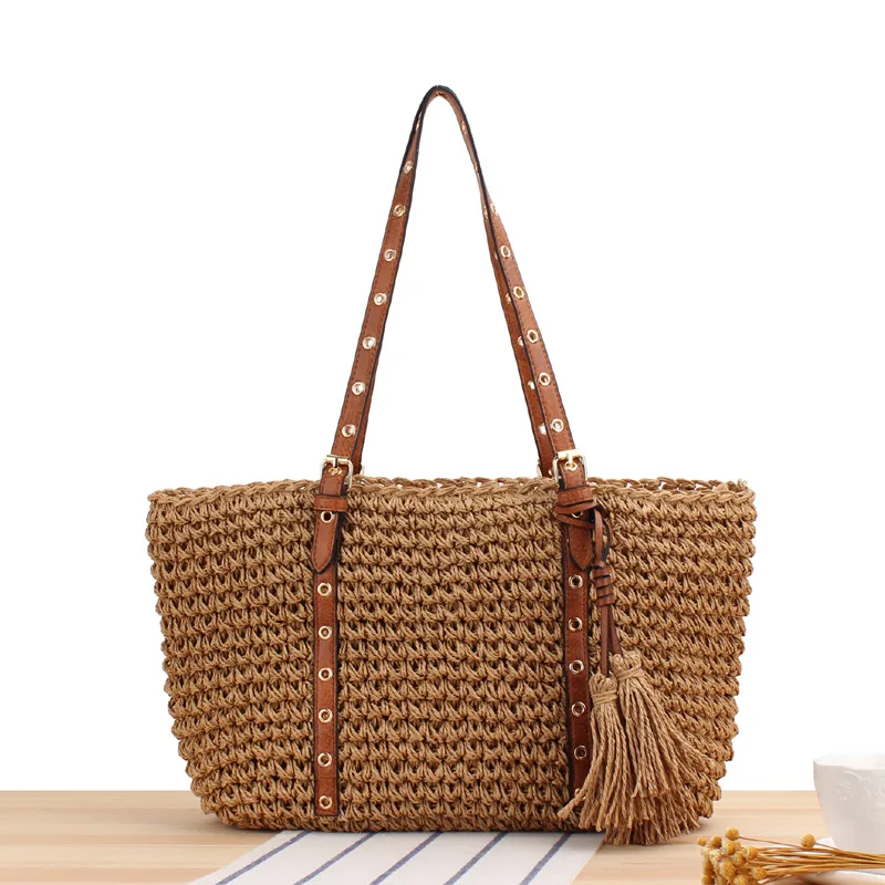 

Woman Summer Handmade Woven Bag Seaside Holiday Beach Straw Bag Crochet Portable Shoulder Women's Tote Handbag