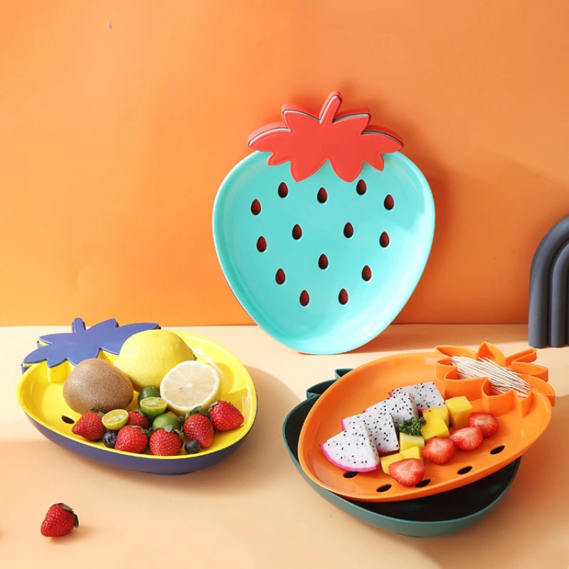 

Double Layer Drainage Basket Cartoon Strawberry Shape Wash Fruit Basin Living Room Coffee Table Fruit Plate Kitchen Tools