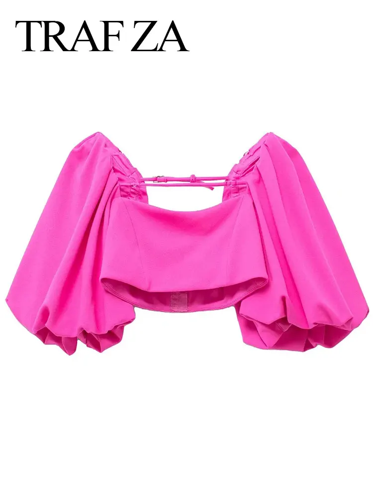 

TRAF ZA Summer Women's Clothing Puff Sleeves Square Neck Solid Color Cropped Navel Tops Sexy Backless Fashion Street Daily Wear