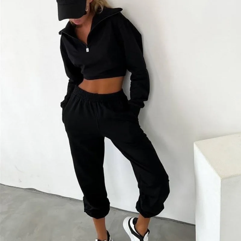 

Street Lady Lapel Zip Crop Tops & Elastic Waist Long Pant Tracksuit Women Fashion Suits Autumn Winter Solid Long Sleeve 2Pc Set