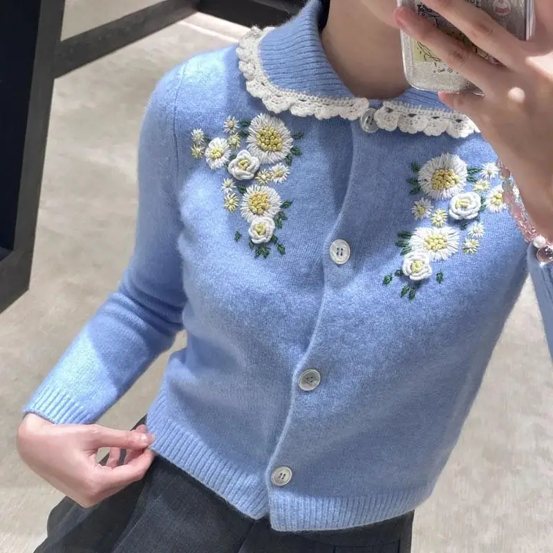Подиумный шерстяной вязаный синий кардиган с 3D цветочной вышивкой свитер