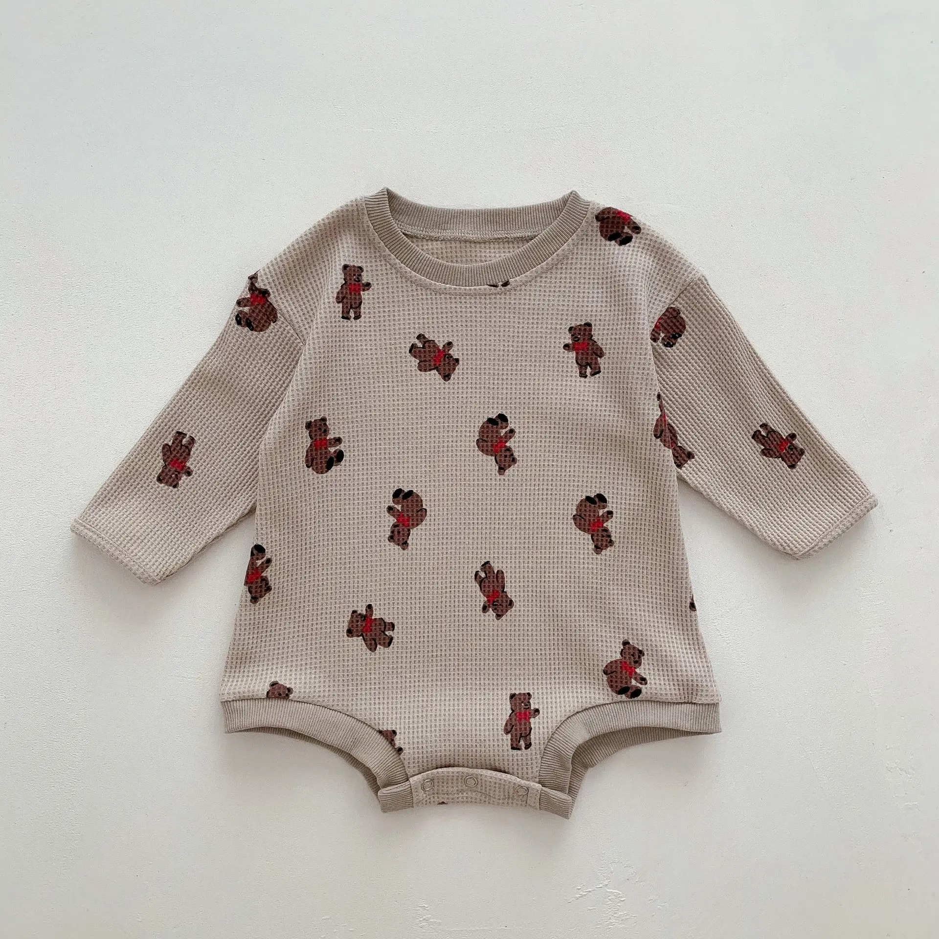 2022 Autumn New Baby Long Sleeve Bodysuit Fashion Infant Boy Girl Bear Print Jumpsuit Cotton Waffle Cute Floral Clothes