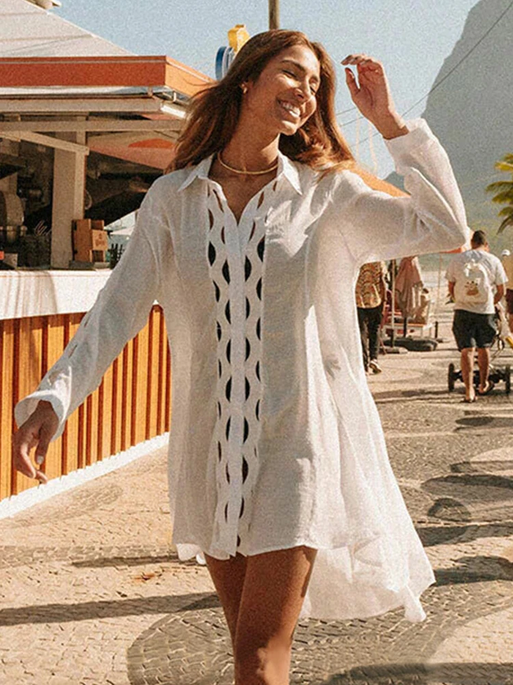 

2023 New Women Beach Dress Solid Black White Lace Beachwear Sun Protection Clothes Knitted Swimsuits Women Beach Cover Up Summer