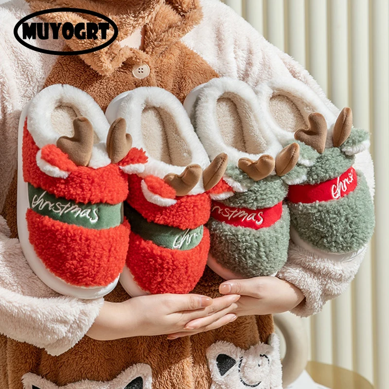 

Новинка 2022, тапочки с рождественским оленем на толстой подошве, женские и мужские домашние теплые тапочки, мягкие плюшевые домашние тапочки...