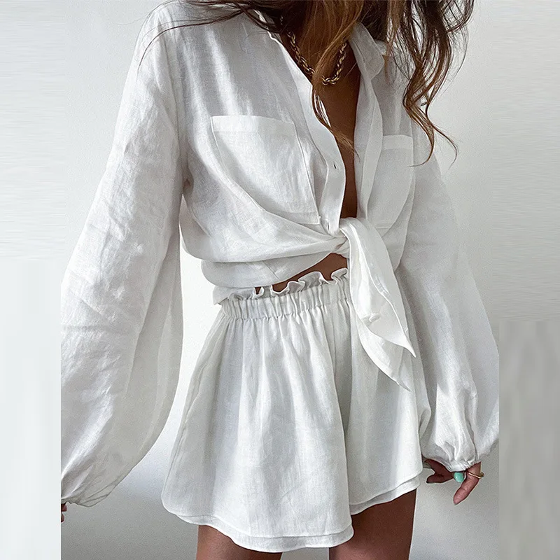 

2023 Autumn Cotton Women's Tracksuit Suit White Loose Shirt Elegant Casual Shorts Set Female Trendy Fashion Girl Ladies Clothes