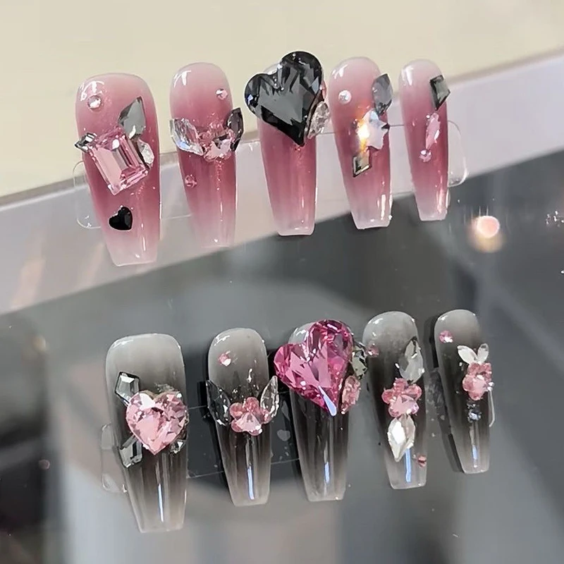 

Luxurious Advanced Y2K Hot Girl Fake Nail Stickers Pink Black Sparkle Rhinestones Handmade Manicure Harajuku Style Nail Patch