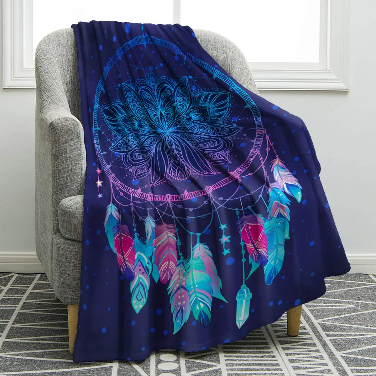 

Feathers Butterfly Dream Catcher Flannel Throw Blanket Lightweight Leaves Decorative Gifts for Couch Sofa Travelling Kids Adults