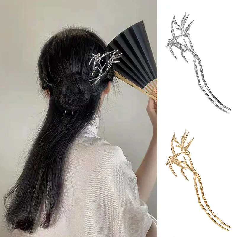 

Gold Silver Color Metal Hair Forks Ancient Style Hair Sticks Bamboo Leaf Shape Hairpins Vintage Chinese Style Hair Chopsticks