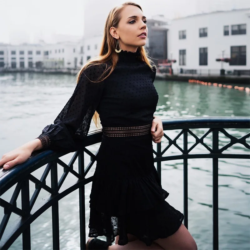 

Elegant Hollow Out Black Dress Women Dot Long Sleeve Autumn Spring A Line Mini Party Dress Sexy Fashion Clothing 2022