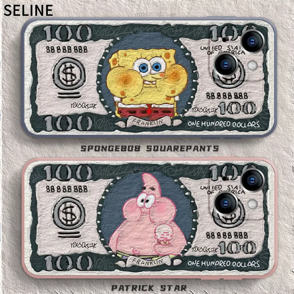 

Y2k Kawaii Sponges Patrick Bobs Star Couple Banknote Cell Phone Case For iPhone 13 Pro Max Mini Silicone Cartoon Soft Back Cover