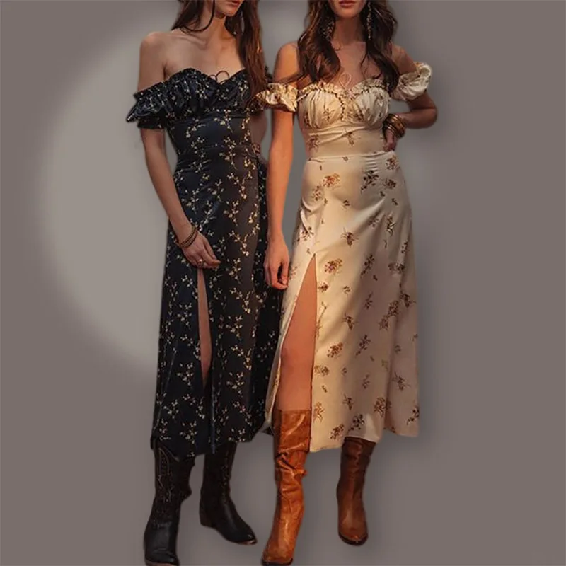 

Sexy Y2K Court Style Off Shoulder High Waist Corset Slit Vacation Party Dress Summer Elegant Fashion Floral Print Bohemian Dress