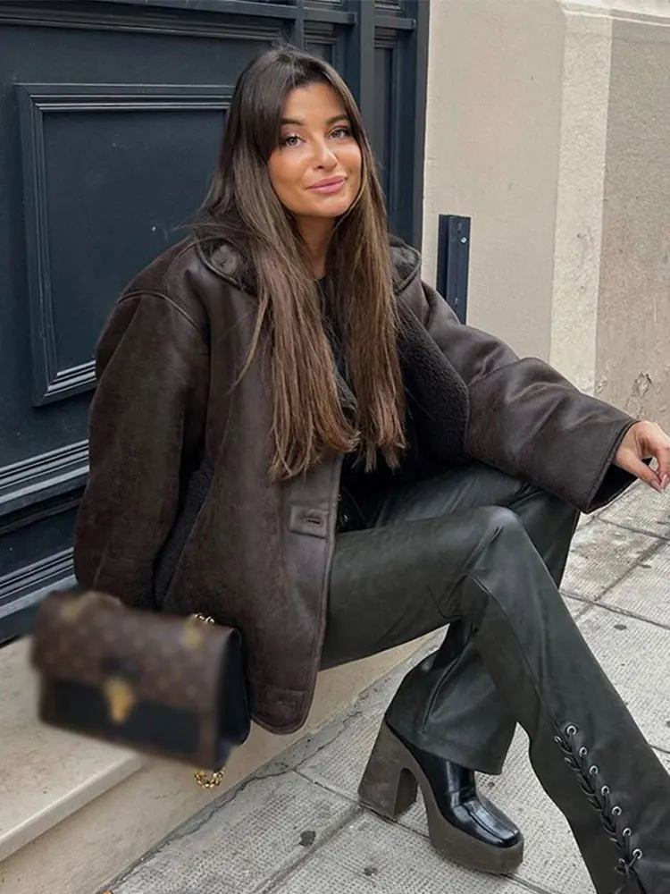 Женская Двухсторонняя куртка с лацканами свободная плотная из овечьей шерсти